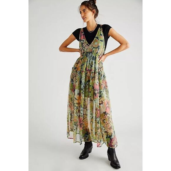 Free People Julianna Maxi Dress Green Misty Combo Large L NEW - Picture 1 of 5
